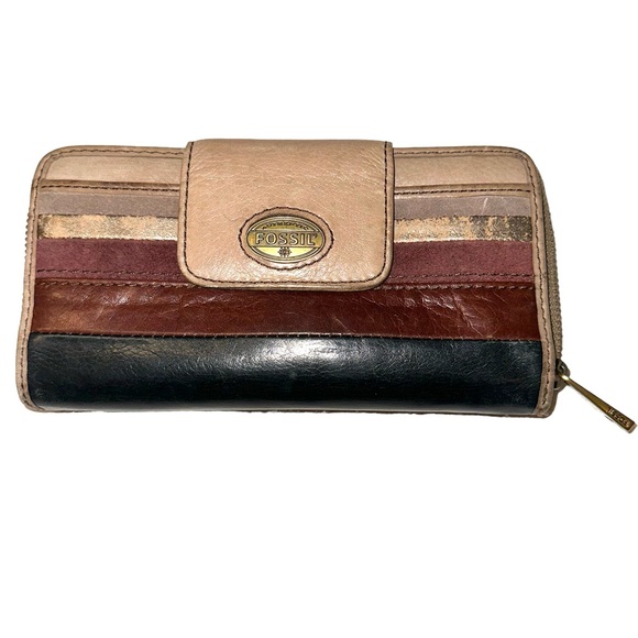 Fossil Multi Color Leather Suede Metallic Patchwork Zip Around Wallet. - Picture 7 of 16